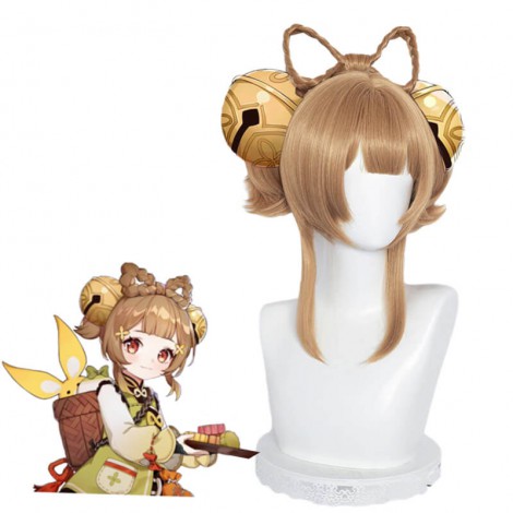 Genshin Impact Cosplay Yaoyao Short Light Brown Ponytail Cosplay Wigs With Braid Bows